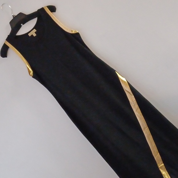 Leatherette Gold Panel Slit Front Maxi Black Dress Miss Morena Large - Picture 4 of 10